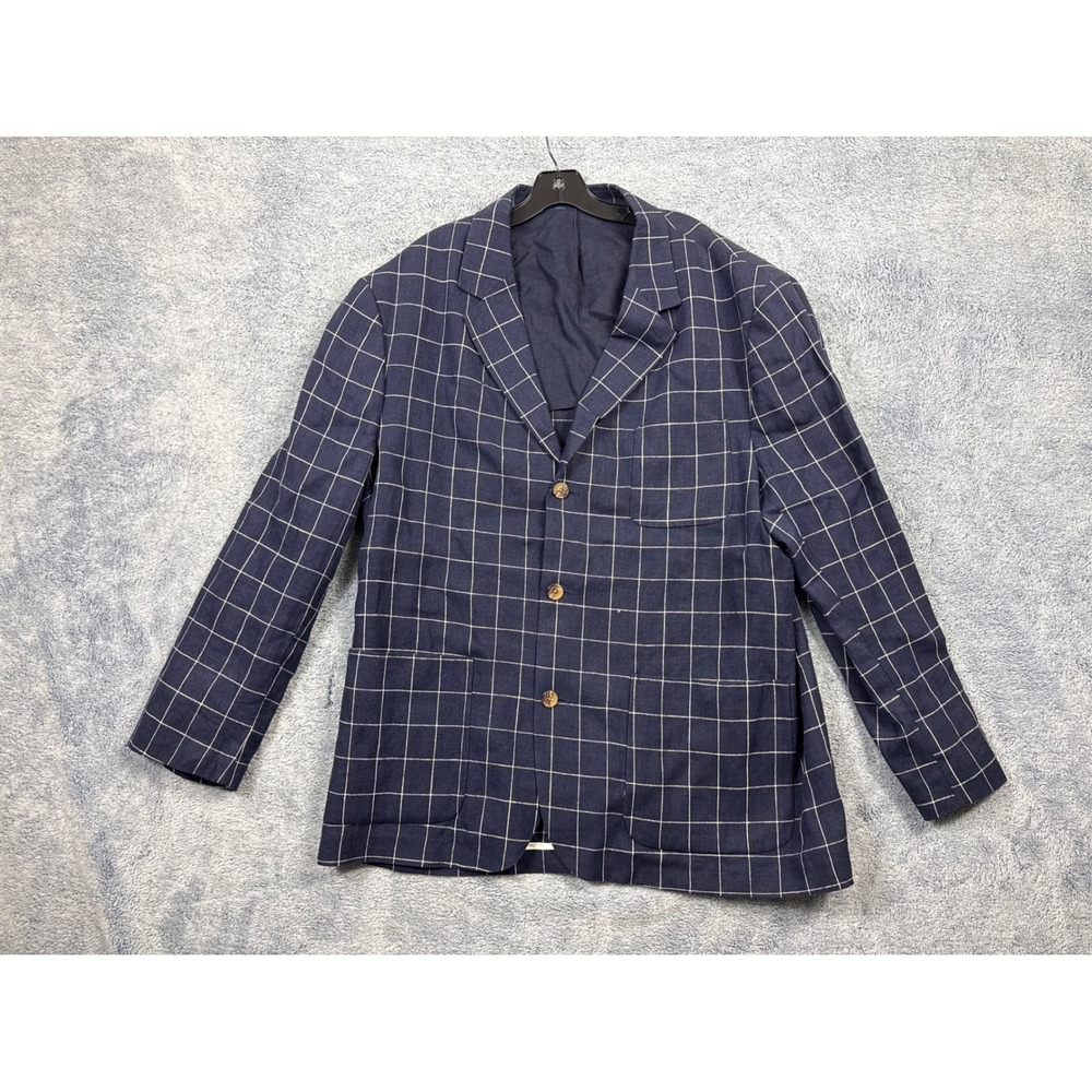 Tommy Hilfiger Mens 50L Navy Blue Linen Windowpane Check Blazer Sport Coat